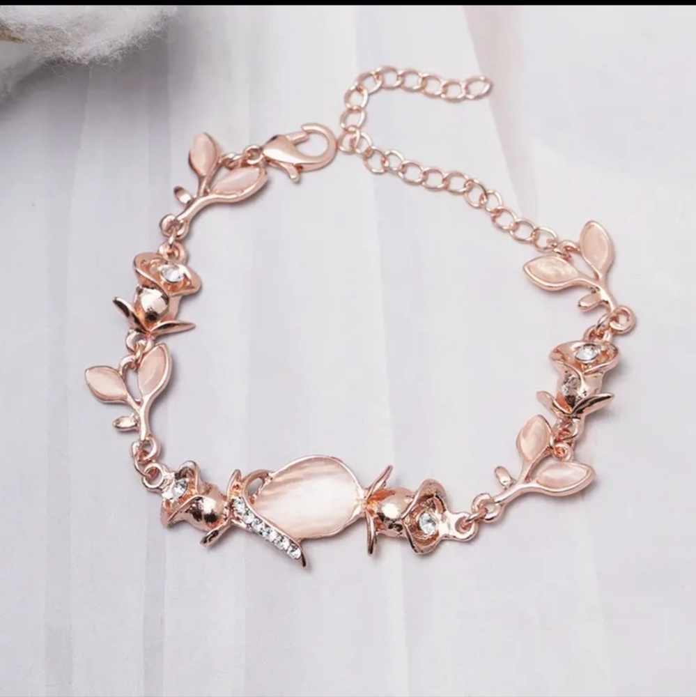 Womens or girls rose toned bracelet, leaf & flower theme, size from 5.75-7.75"
